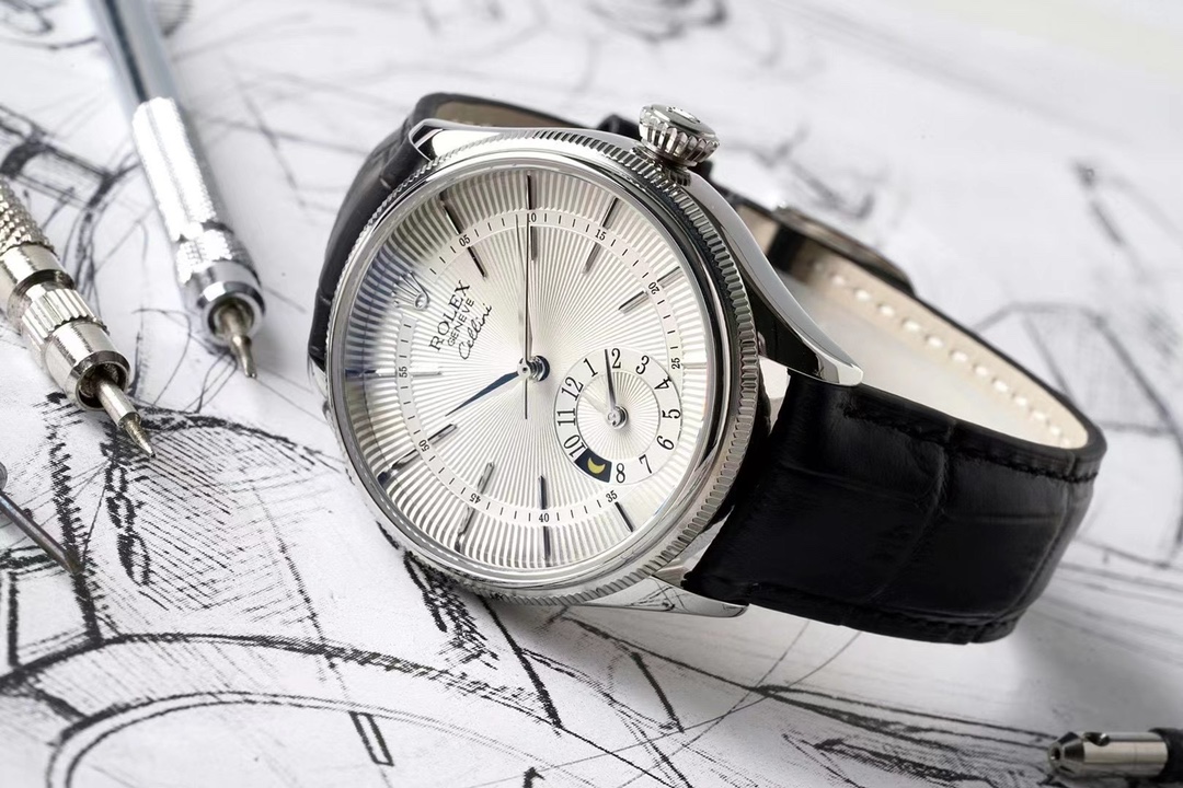 Rolex Cellini Dual Time 50529 Silver Sunburst Dial Brown Leather Strap 39mm Mens Replica Watch