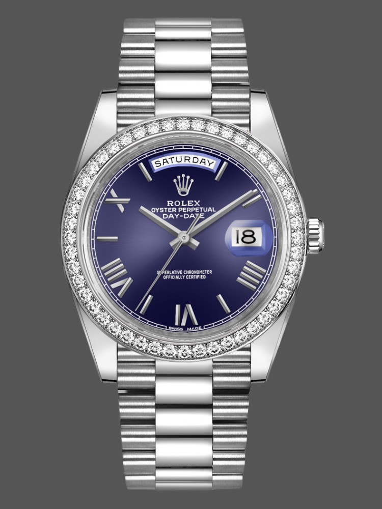 Rolex Day-Date 228349RBR Blue Roman Dial Diamond Bezel 40mm Mens Replica Watch
