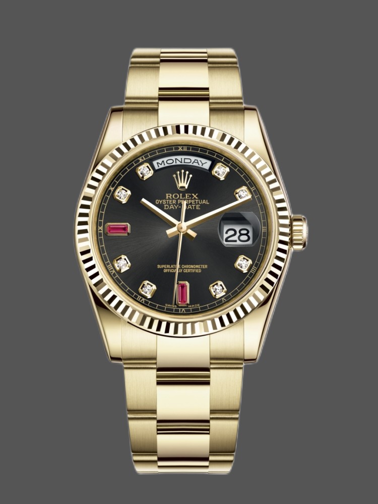 Rolex Day Date 118238 Yellow Gold Black Diamond Dial Fluted Bezel 36mm Mens Replica Watch
