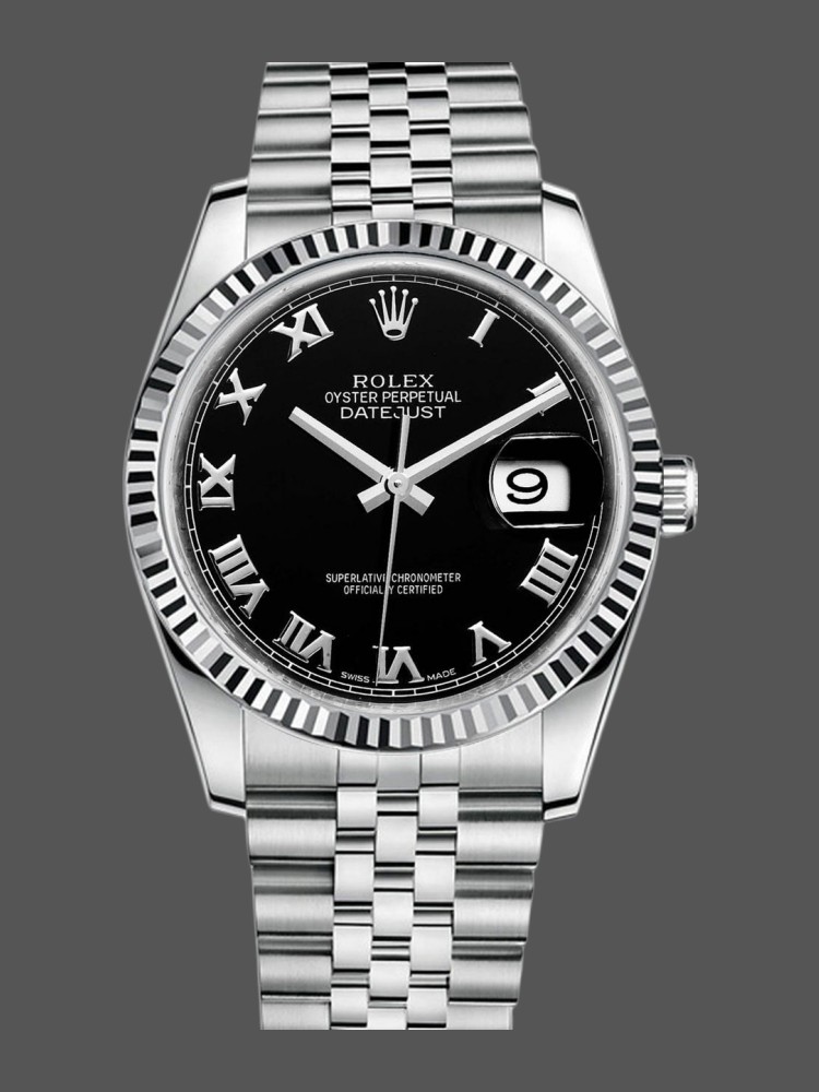 Rolex Datejust 116234 Stainless Steel Fluted Bezel Black Roman Dial 36mm Mens Replica Watch