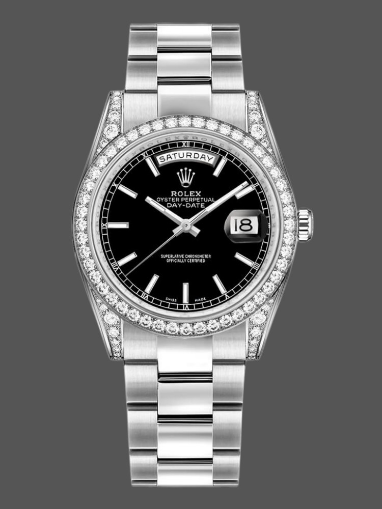 Rolex Day-Date 118389 Diamond Bezel Black Index Dial 36MM Unisex Replica Watch