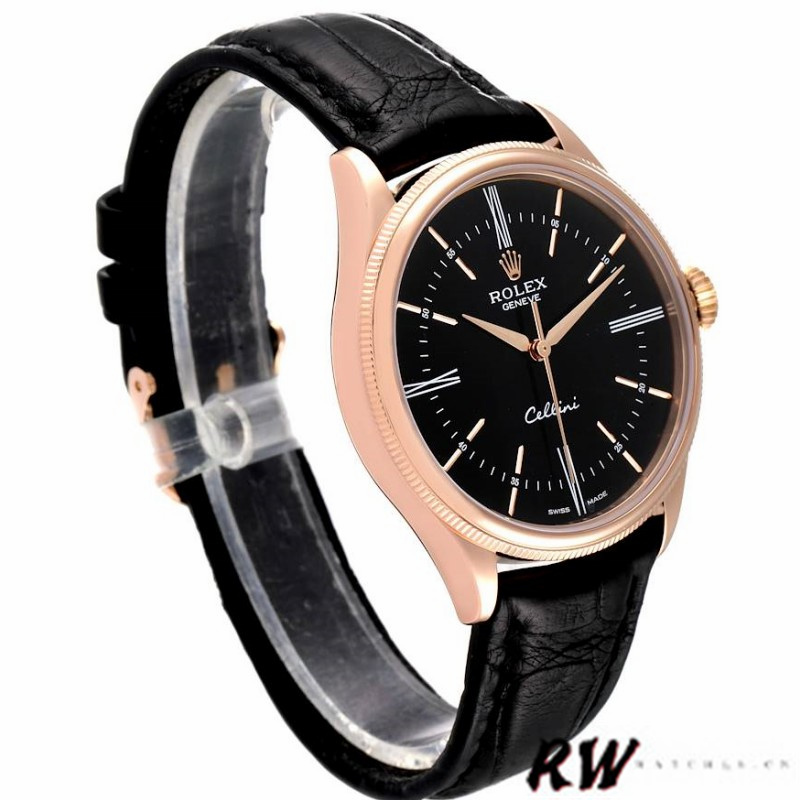 Rolex Cellini Time 50505 Black Leather Strap Black Dial 39mm Mens Replica Watch