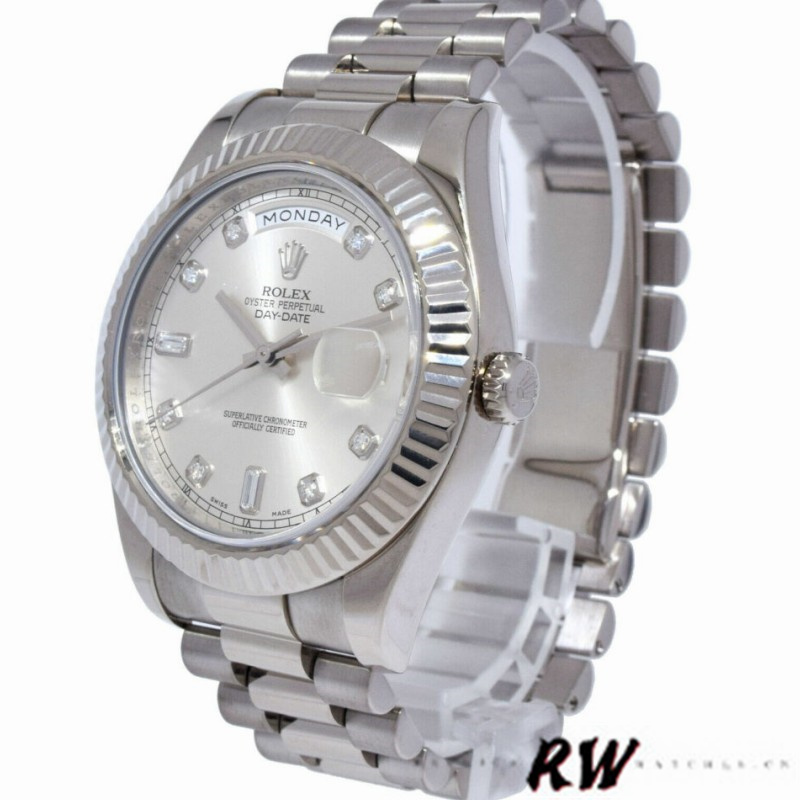 Rolex Day-Date 218239 Diamond Silver Dial White Gold 41MM Mens Replica Watch