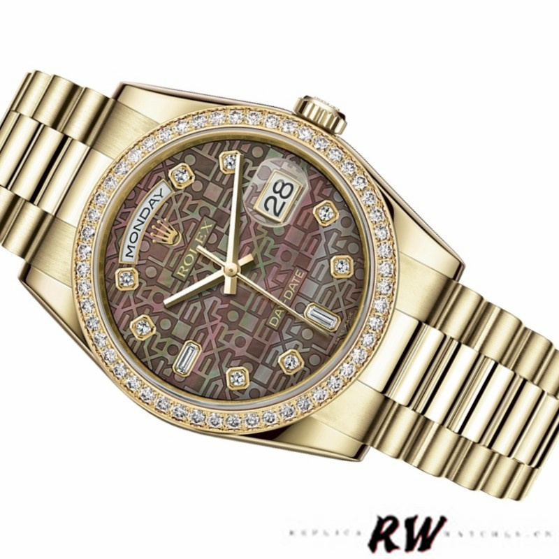 Rolex Day Date 118348 Black MOP Dial Yellow Gold 36mm Unisex Replica Watch