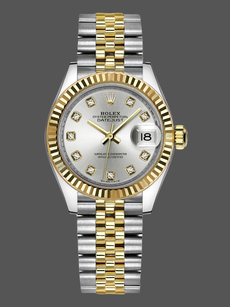 Rolex Datejust 279173 Silver Diamond Dial Fluted Bezel 28mm Lady Replica Watch