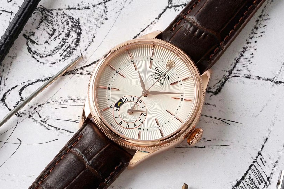 Rolex Cellini Dual Time 50525 Silver Dial Brown Leather Strap 39mm Mens Replica Watch