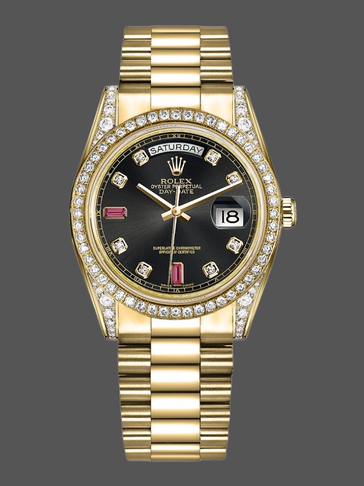 Rolex Day-Date 118388 Yellow Gold Black Diamond Rubies Dial 36mm Unisex Replica Watch