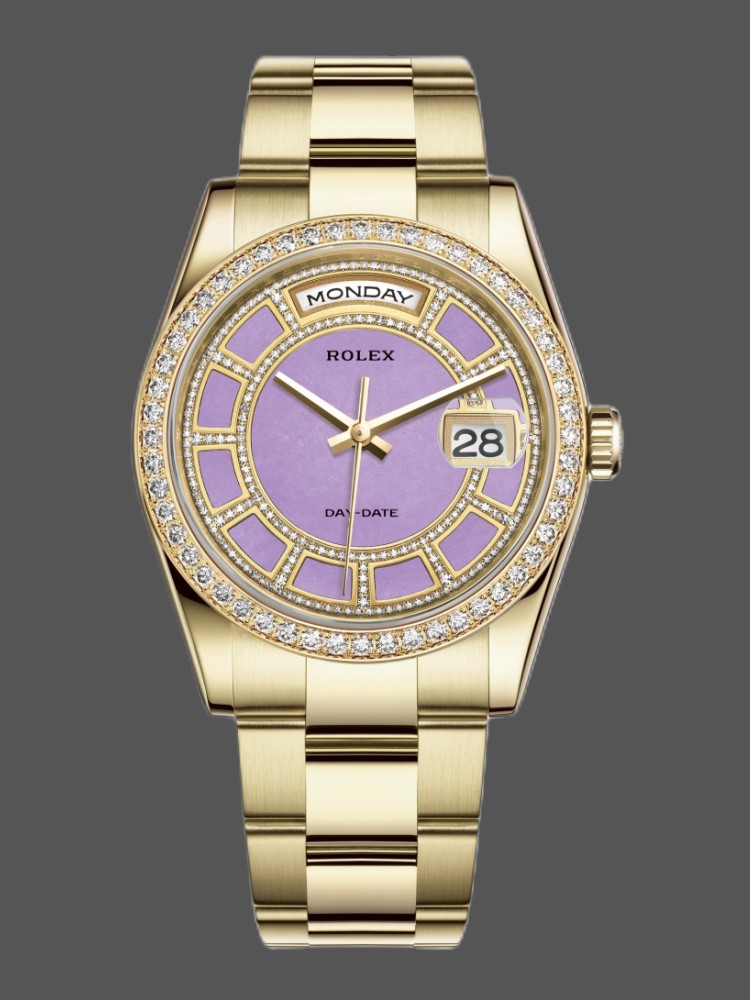 Rolex Day Date 118348 Lavender Jade Carousel Dial Yellow Gold 36mm Unisex Replica Watch