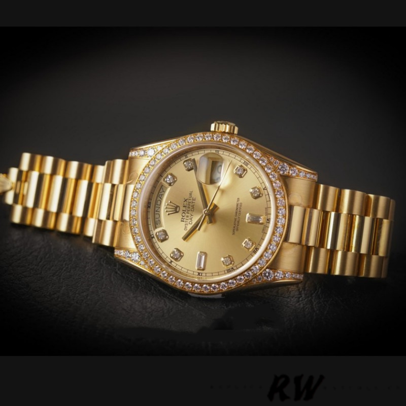 Rolex Day-Date 118388 Yellow Gold Champagne Dial 36MM Unisex Replica Watch