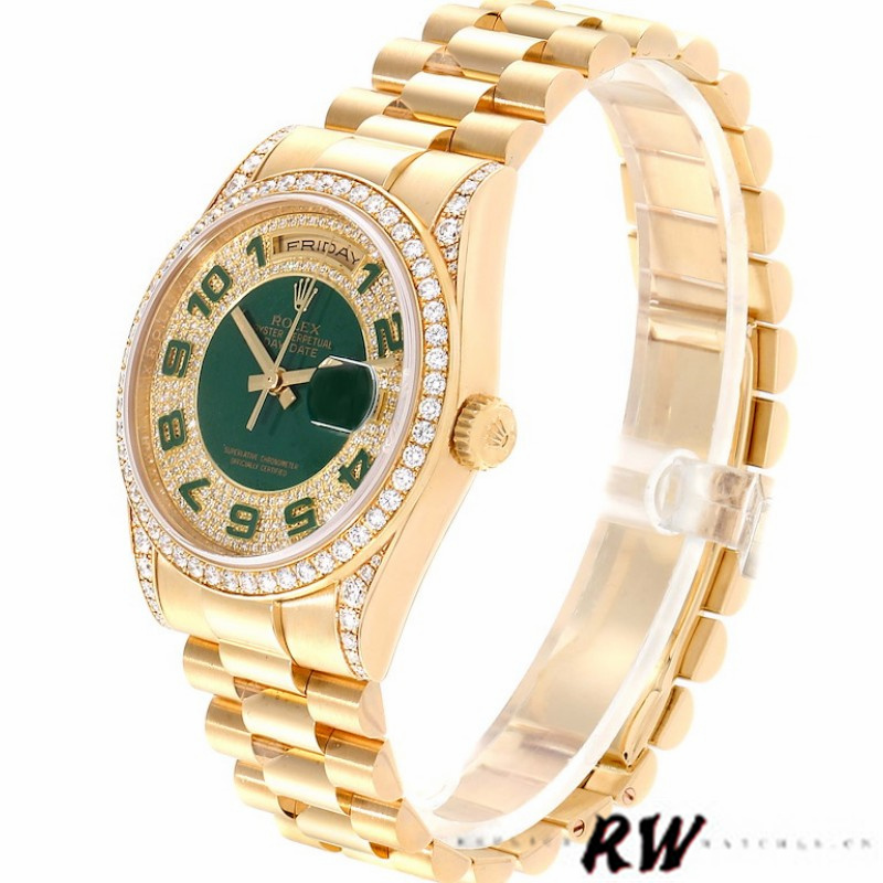 Rolex Day-Date 118388 Yellow Gold Green Enamel Diamond Dial 36MM Unisex Replica Watch