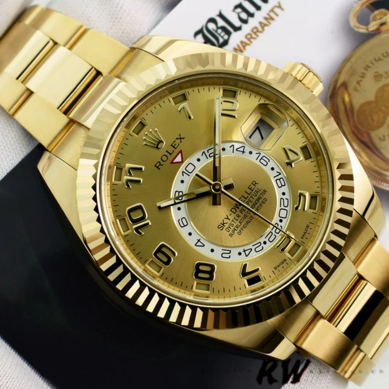 Rolex Sky-Dweller 326938 Yellow Gold Champagne Arabic Dial 42mm Mens Replica Watch