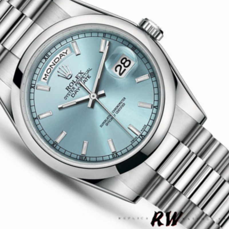 Rolex Day-Date 118206 Ice Blue Dial Polished Platinum Bezel 36mm Unisex Replica Watch