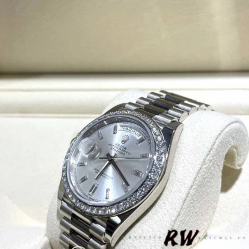 Rolex Day-Date 228349RBR Silver Dial Diamond Bezel 40mm Mens Replica Watch