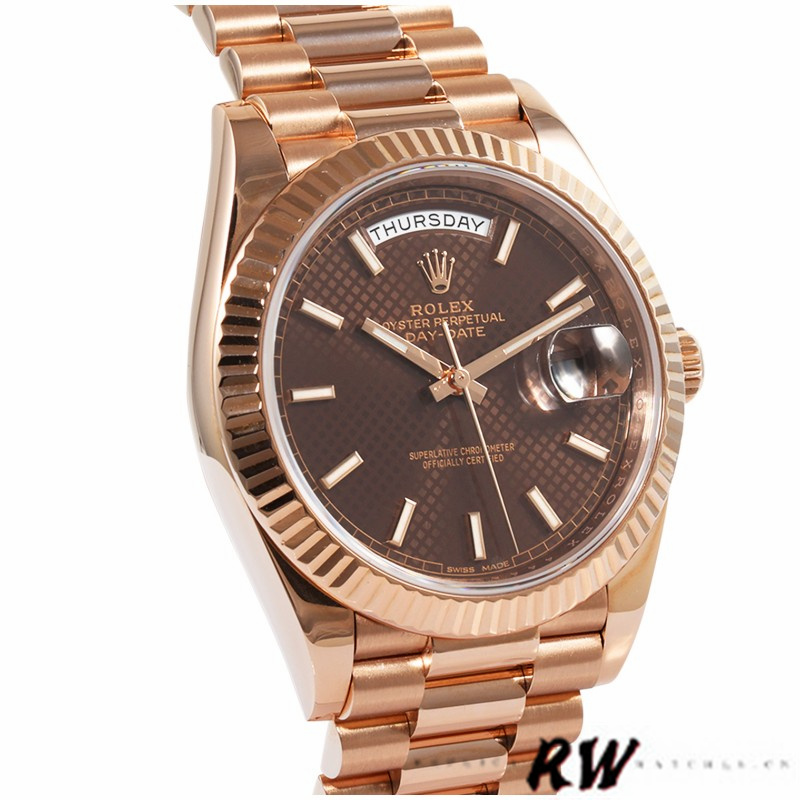Rolex Day-Date 228235 Chocolate Brown Diagonal Motif Dial Fluted Bezel 40mm Mens Replica Watch