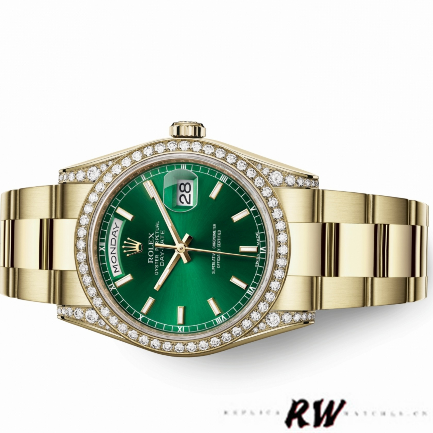 Rolex Day-Date 118388 Diamond Dezel Green Index Dial 36MM Unisex Replica Watch