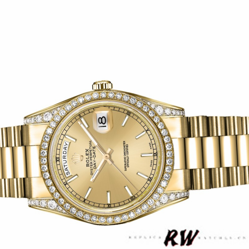 Rolex Day-Date 118388 Diamond Bezel Champagne Index Dial 36MM Unisex Replica Watch
