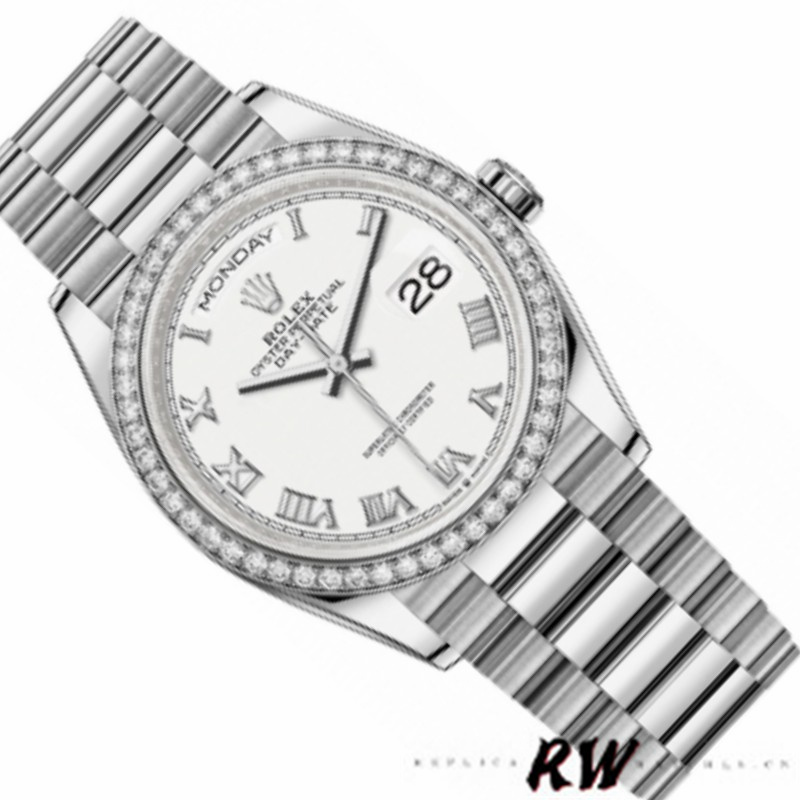 Rolex Day-Date 128349RBR White Roman Dial Diamond Bezel 36MM Unisex Replica Watch