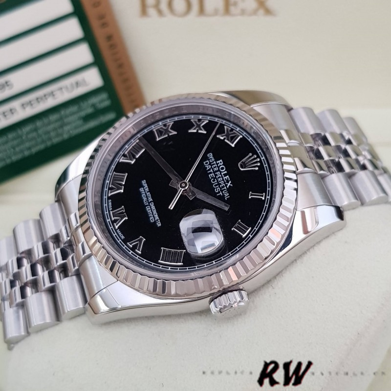 Rolex Datejust 116234 Stainless Steel Fluted Bezel Black Roman Dial 36mm Mens Replica Watch
