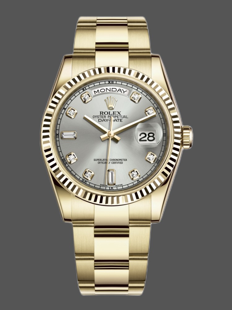Rolex Day-Date 118238 Yellow Gold Silver Diamond Dial 36mm Unisex Replica Watch