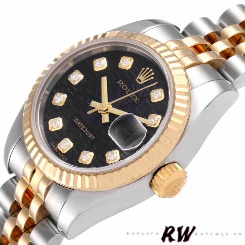 Rolex Datejust 179173 Jubilee Black Diamond Dial Fluted Bezel 26MM Lady Replica Watch