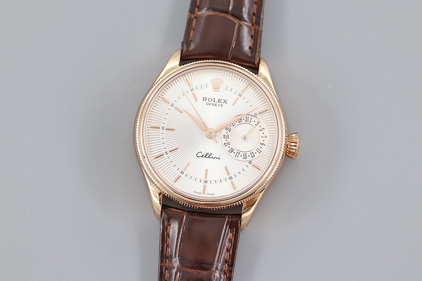 Rolex Cellini Date Rose Gold Silver Crocodile Leather Strap 50515 39mm Mens Replica Watch