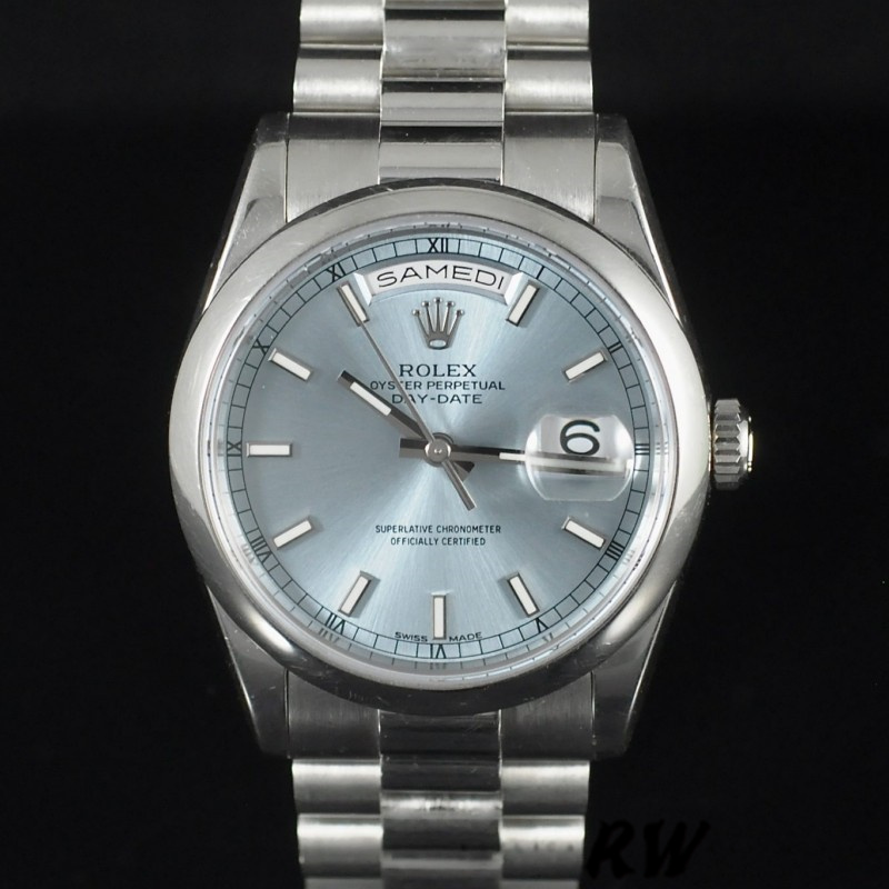 Rolex Day-Date 118206 Ice Blue Dial Polished Platinum Bezel 36mm Unisex Replica Watch