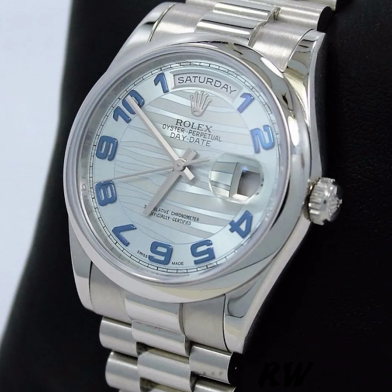 Rolex Day Date 118206 Wave Pattern Ice Blue Dial Arabic Numerals 36mm Unisex Replica Watch