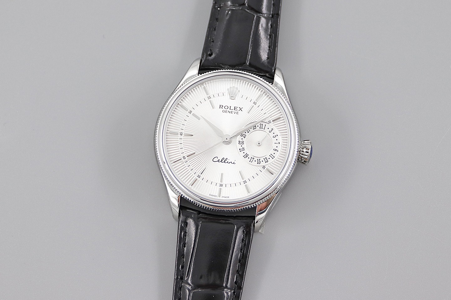 Rolex Cellini Date 50519 Black Leather Silver Dial 39mm Mens Replica Watch