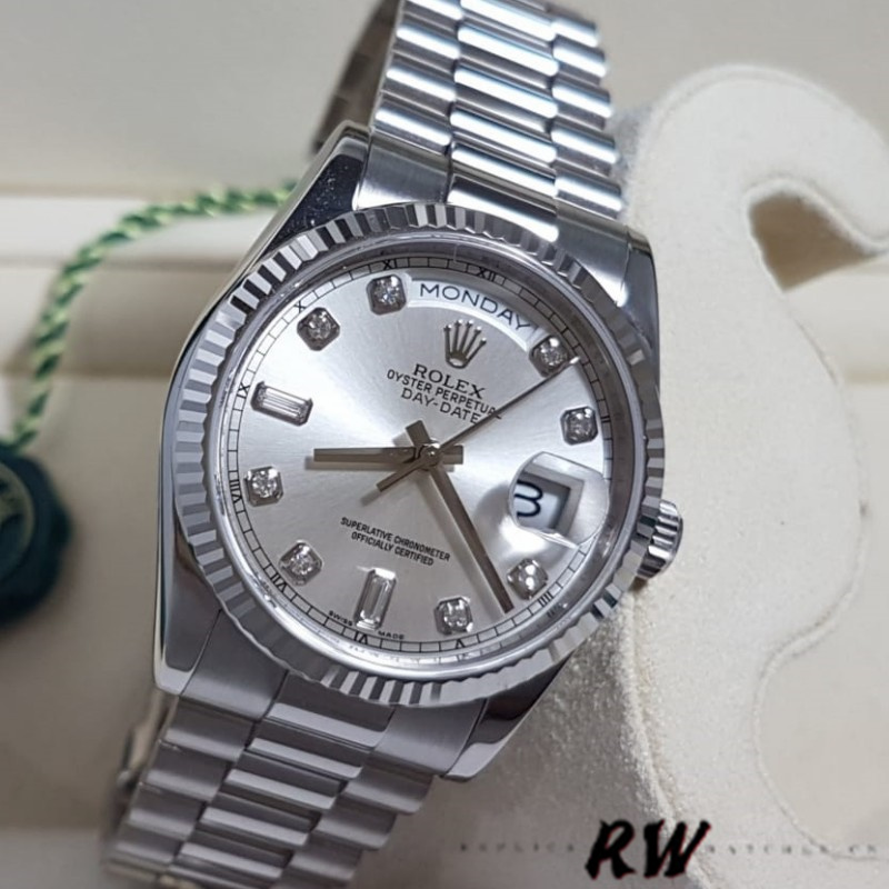 Rolex Day-Date 118239 Silver Diamond Dial 36mm Unisex Replica Watch