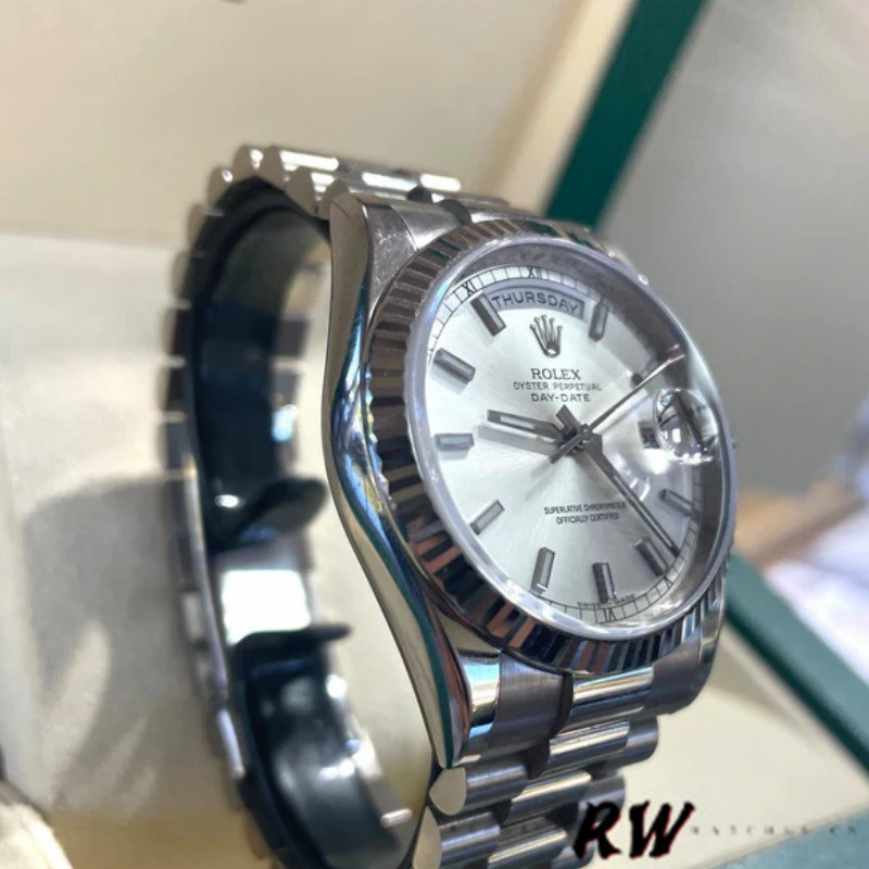 Rolex Day-Date 118239 White Gold Silver dial Fluted Bezel 36mm Unisex Replica Watch