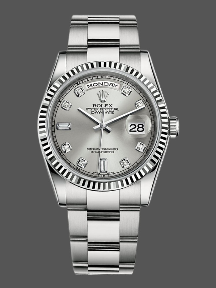 Rolex Day-Date 118239 Silver Diamond Dial fluted bezel 36mm Unisex Replica Watch
