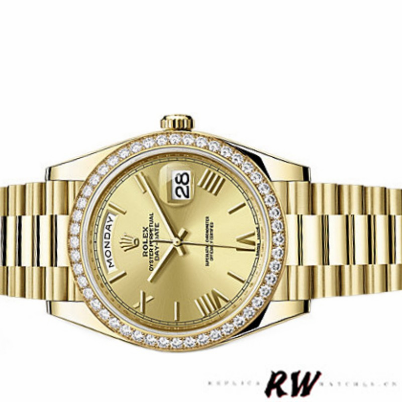 Rolex Day-Date 228348RBR Champagne Roman Dial Diamond Bezel 40mm Mens Replica Watch