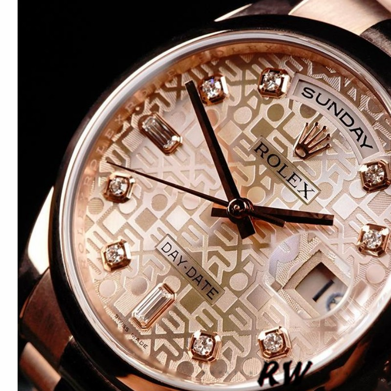 Rolex Day-Date 118205 Rose Gold Pink Jubilee Diamond Dial 36mm Unisex Replica Watch