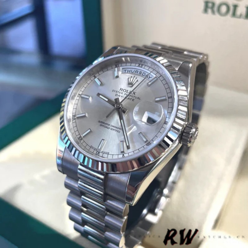 Rolex Day-Date 118239 White Gold Silver dial Fluted Bezel 36mm Unisex Replica Watch