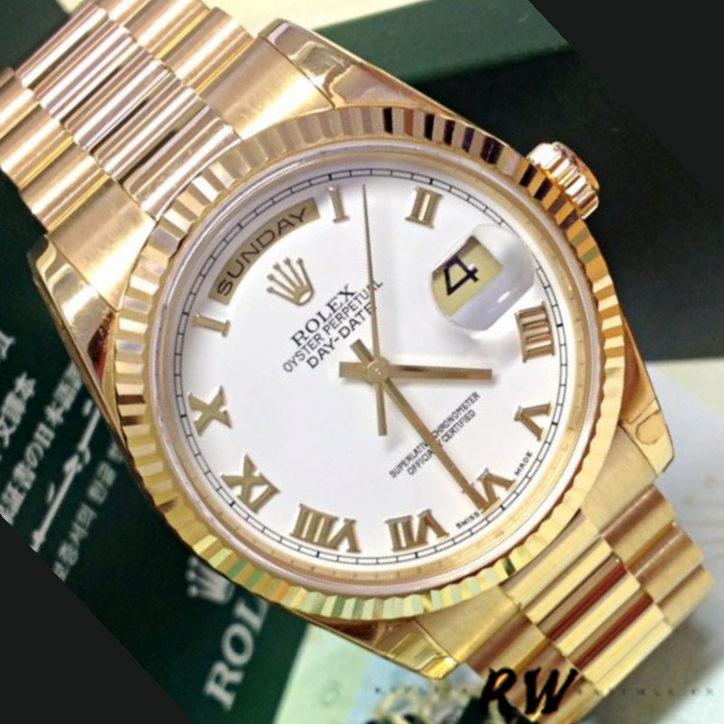 Rolex Day-Date 118238 Yellow Gold White dial Fluted Bezel 36mm Unisex Replica Watch