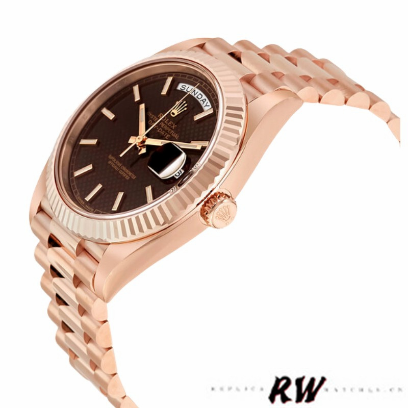 Rolex Day-Date 228235 Chocolate Brown Diagonal Motif Dial Fluted Bezel 40mm Mens Replica Watch