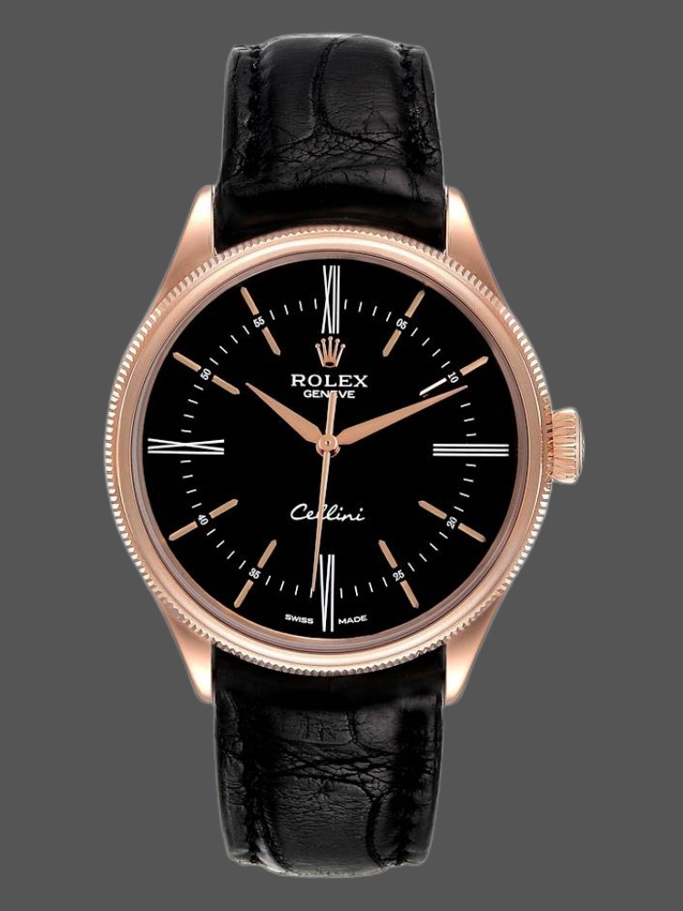 Rolex Cellini Time 50505 Black Leather Strap Black Dial 39mm Mens Replica Watch