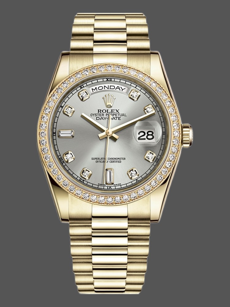 Rolex Day-Date 118348 Silver Diamond Dial 36mm Unisex Replica Watch