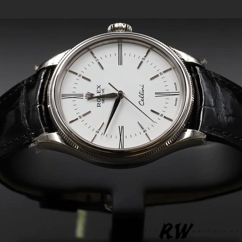 Rolex Cellini Time 50509 Black Leather Strap White Dial 39mm Mens Replica Watch