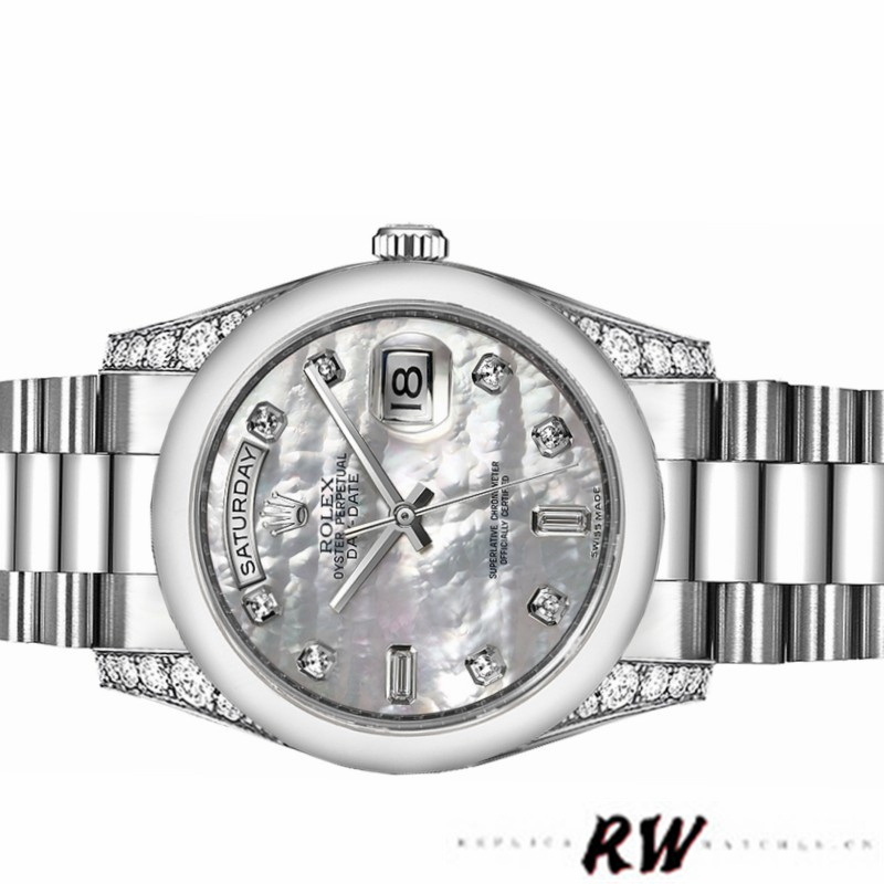 Rolex Day-Date 118296 Platinum MOP White Dial Diamond 36mm Unisex Replica Watch