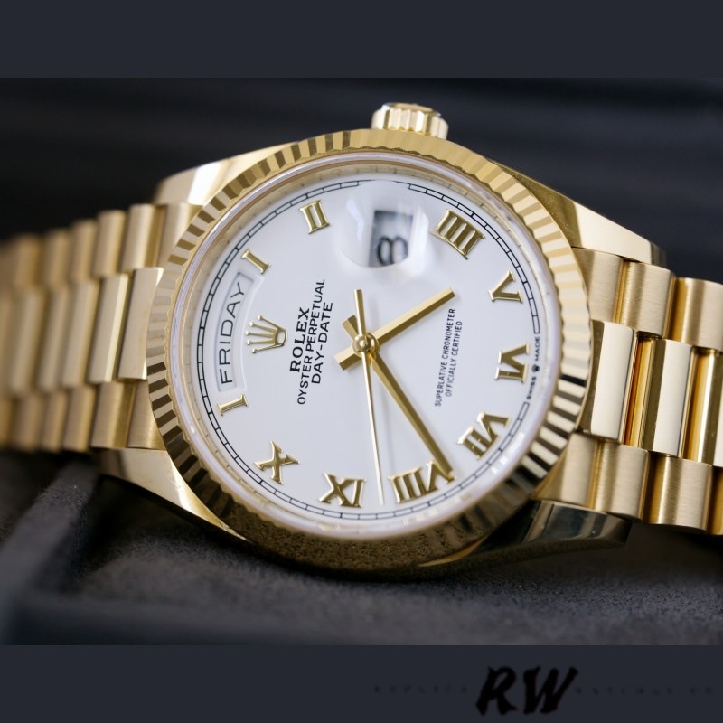 Rolex Day-Date 128238 Fluted Bezel White Roman Dial 36MM Replica Watch