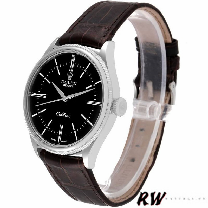 Rolex Cellini Time 50509 Brown Leather Strap Black Dial 39mm Mens Replica Watch