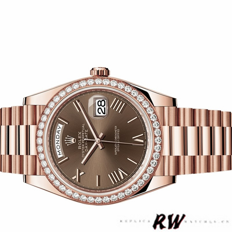Rolex Day-Date 228345RBR Chocolate Brown Roman Dial Diamond Bezel 40mm Mens Replica Watch