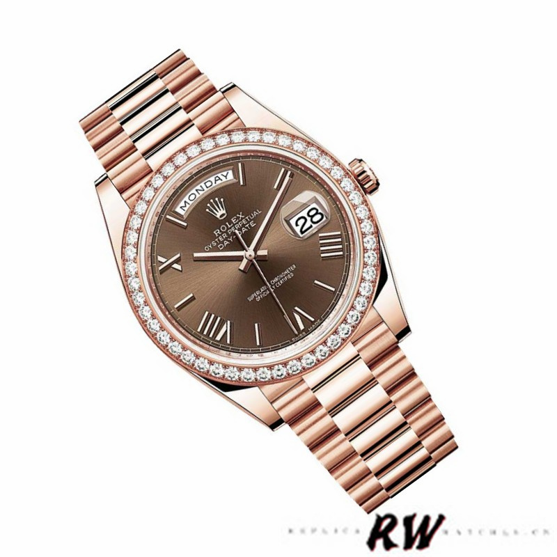 Rolex Day-Date 228345RBR Chocolate Brown Roman Dial Diamond Bezel 40mm Mens Replica Watch