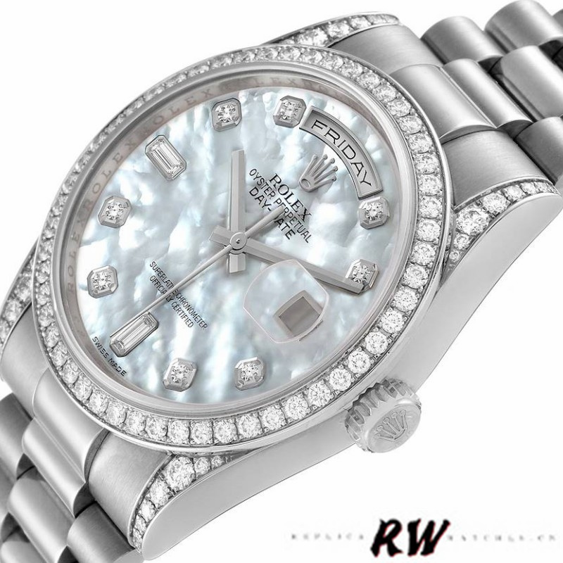 Rolex Day-Date 118389 Diamond Bezel MOP White Dial 36MM Unisex Replica Watch