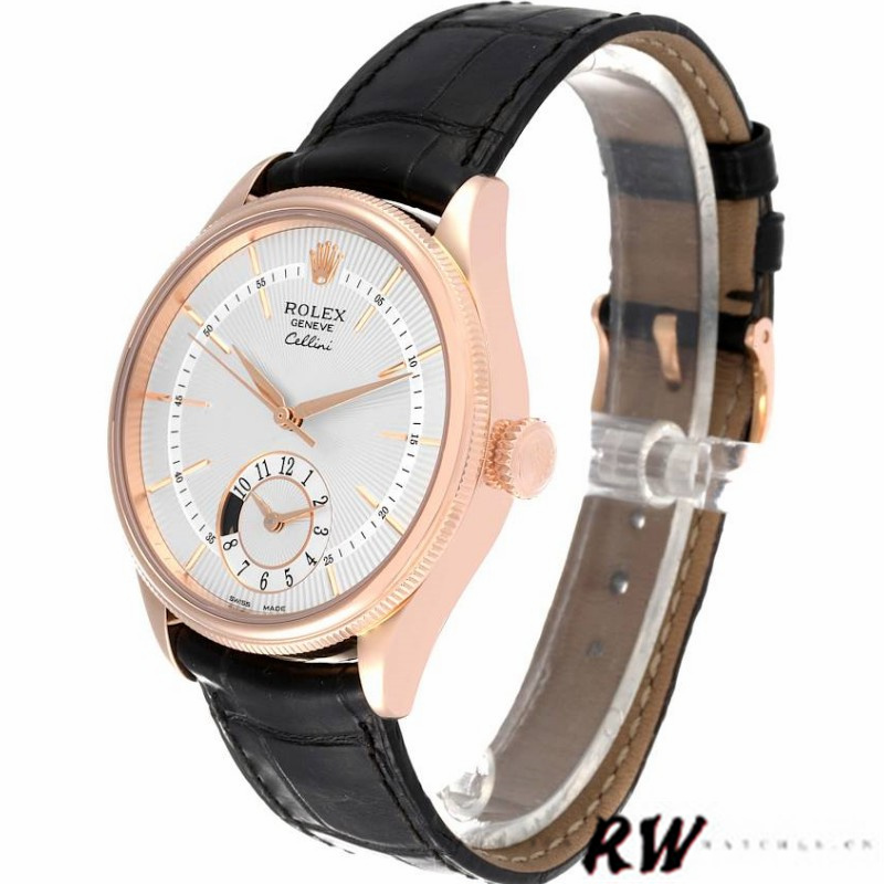 Rolex Cellini Dual Time 50525 Silver Dial Black Leather Strap 39mm Mens Replica Watch