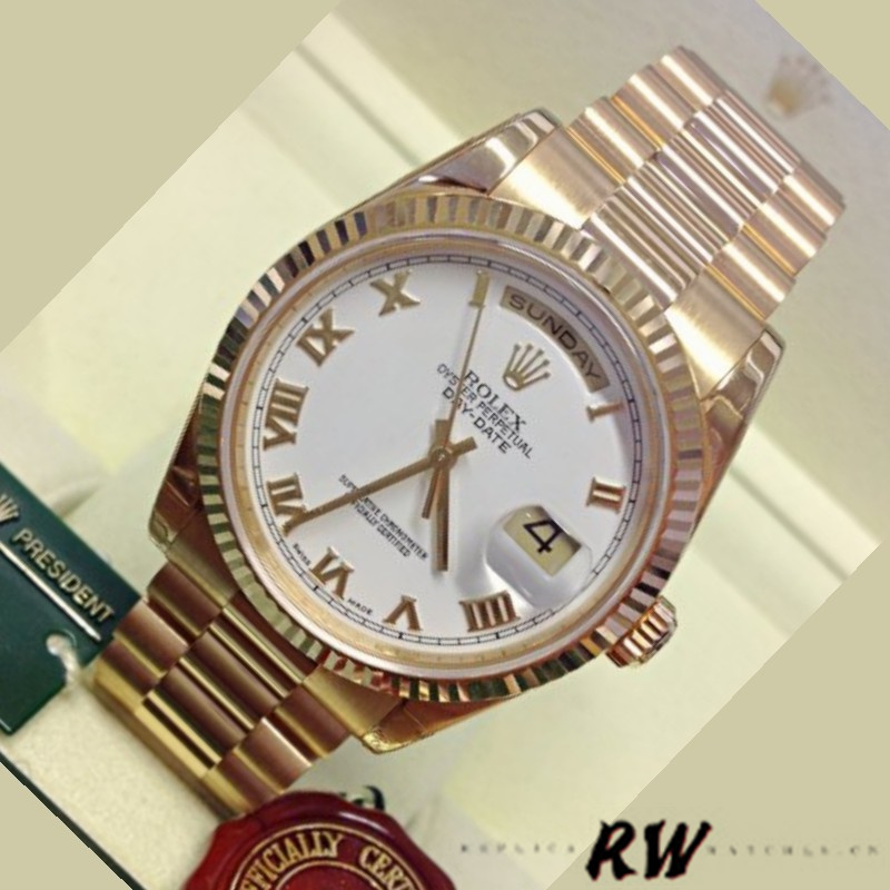Rolex Day-Date 118238 Yellow Gold White dial Fluted Bezel 36mm Unisex Replica Watch