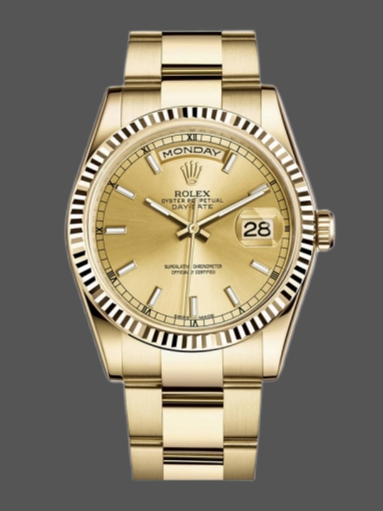 Rolex Day-Date 118238 Yellow Gold Fluted Bezel Champagne Dial 36mm Unisex Replica Watch