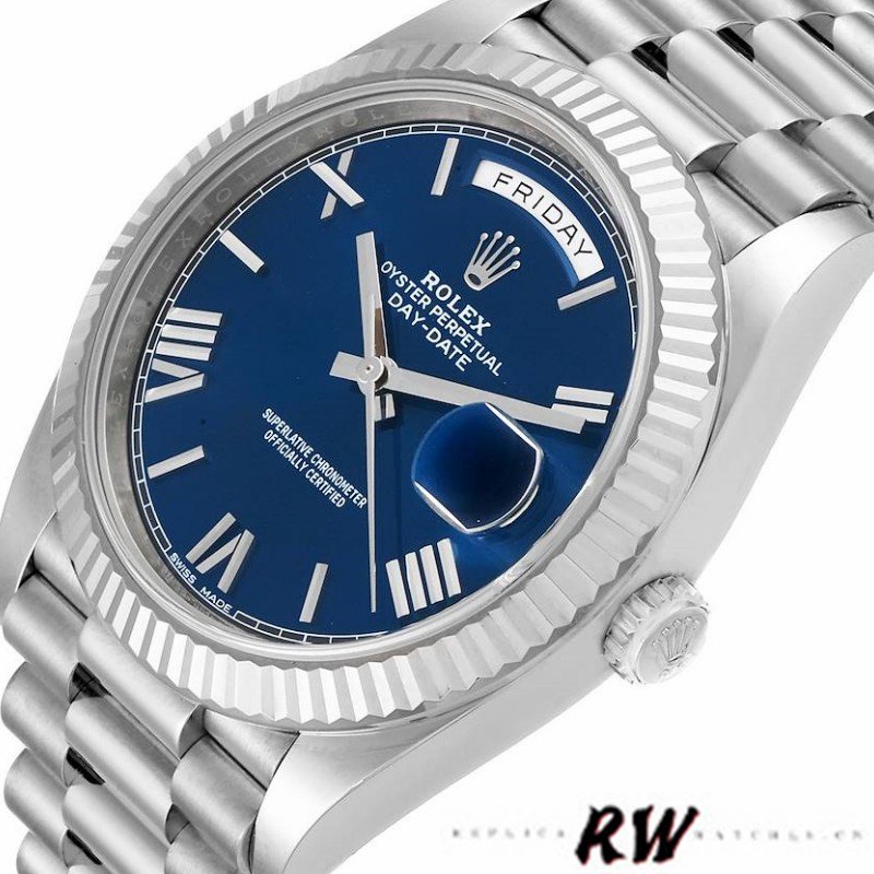 Rolex Day-Date 228239 Blue Roman Dial Fluted Bezel 40mm Mens Replica Watch
