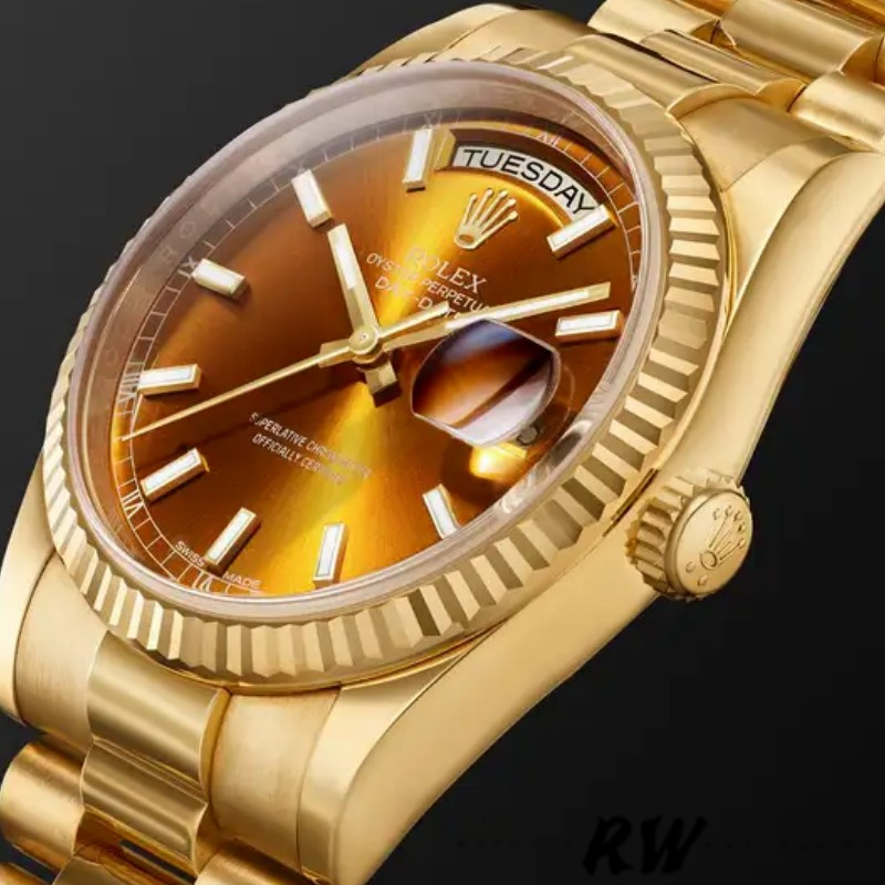 Rolex Day-Date 118238 Yellow Gold Index Cognac Dial 36mm Unisex Replica Watch